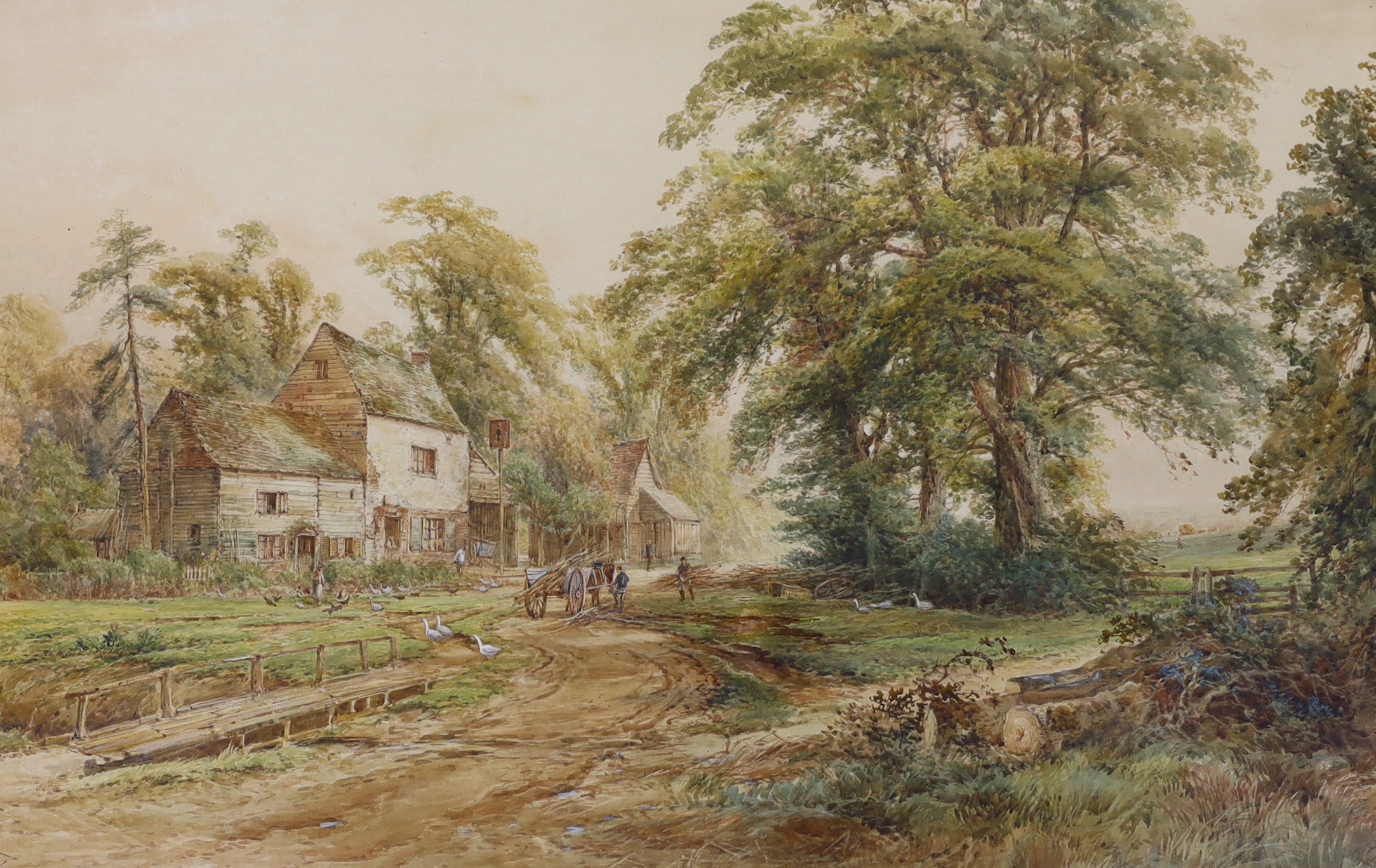 E. W. Nevil (19th. C), Victorian heightened watercolour, Pathway before buildings, signed, 58 x 90cm